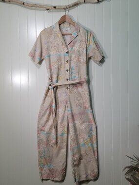 Gap Linen Utility Jumpsuit Tropical Coastal Resort Beach Euro Cropped Leg Sz 4
